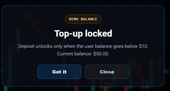 Top-up locked while the balance is above the threshold.