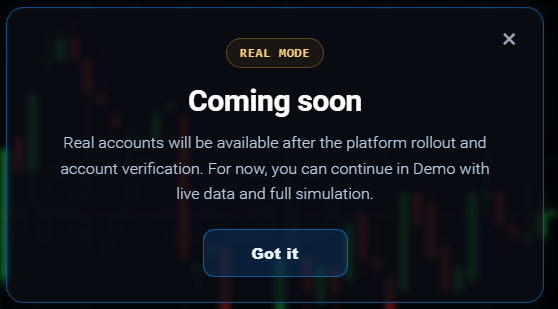 Real mode is marked as coming soon.